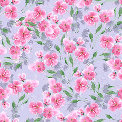 Watercolor pink and white flowers on violet background.  Floral seamless pattern for fabric and wallpapers. 