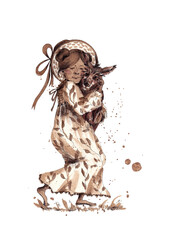 A Chinese woman carries a goat in her arms. A young girl in a long dress and a hat with a brim. Isolated watercolor illustration