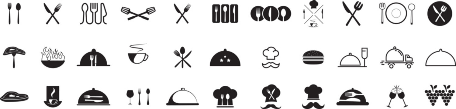Set of fork, knife, spoon. Logotype menu. Food icons set. Collection vector black outline logo for mobile apps web or site design. Vector illustration