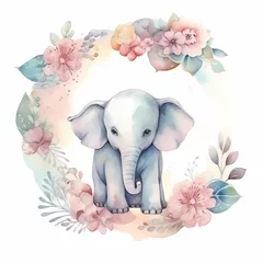 Foto op Aluminium Beautifully watercolor painting of a baby elephant surrounded by a wreath of colorful flowers and leaves on white background, nursery room concept, Generative AI © Vladan