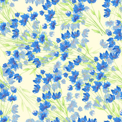Watercolor floral background with blue meadow flowers. Seamless pattern for fabric.