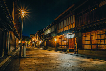 Higashi Chaya geisha district at night in Kanazawa, Japan