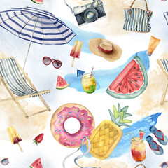 Watercolor tropical pattern of beach accessories umbrella, lounge chair, bag and fruits. Hand drawn summer pattern isolated on white background. Food illustration for design, print or background.
