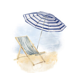 Watercolor beach composition of lounge chair and stripe umbrella. Hand drawn summer vacation objects isolated on white background. Tropical illustration for design, print, fabric or background. - 605800765