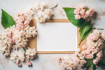 mockup white paper with flower flower arrangement over a marble layflat