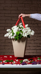 Package mockup for flowers in hands with a bouquet of lilacs without a logo