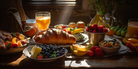 Obraz na płótnie Canvas Traditional french breakfast with croissants, jam, butter, yogurt, fruits juice and coffee. Morning warm light background. AI Generative