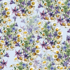 Watercolor field flowers on a blue background.  Floral seamless pattern from bouquet flowers.