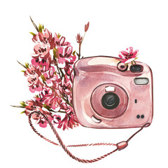Compact pink instant photo camera with branch flowers isolated on white background. Watercolor hand drawing illustration - 605801369
