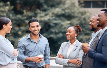 Business people, coffee and lawyers talking in city on break together in street. Group, tea and happy employees outdoor, men and women, law coworkers or friends in funny conversation, comedy or chat.