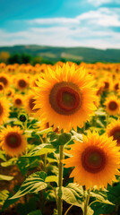 Obraz premium Field of sunflowers with a blue sky. Beautiful summer landscape. Generative AI