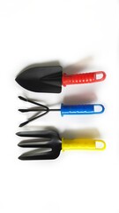 Set of gardening tool equipment. Garden tool items shovel, rake, fork isolated on white background