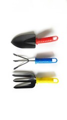 Set of gardening tool equipment. Garden tool items shovel, rake, fork isolated on white background