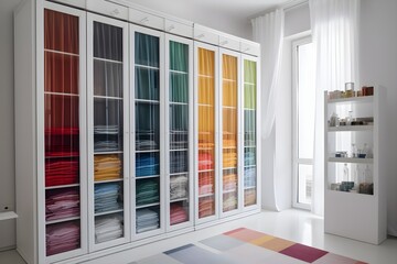 "Colorful items in a white glass wardrobe"
