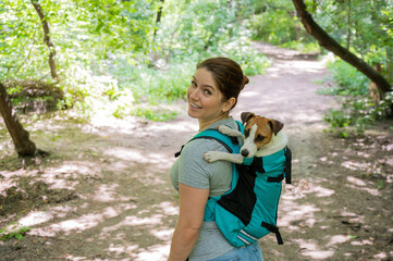 Caucasian woman walking outdoors with dog jack russell terrier in a special backpack. 