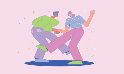Obraz premium A Woman and a Man Dance together. Characters at a Holiday or Dance festival. Confetti on the background. Dancers Celebrate and have Fun in the Club. Vector Flat Illustration.