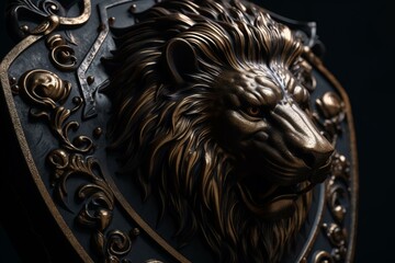 Black shield with gold lion head adornment. Generative AI