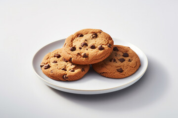 A plate of chocolate chip cookies on a white background