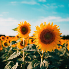 Obraz premium Field of sunflowers with a blue sky. Beautiful summer landscape. Generative AI