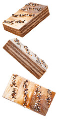 Cakes, layered chocolate tiramisu, set,  falling, hanging, flying, soaring, isolated on transparent background .