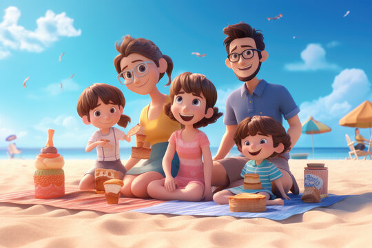 happy family having fun on the beach - Illustration created with generative ai