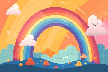 Cute colorful rainbow with a cloud cartoon illustration. Generated AI