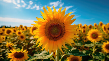 Obraz premium Field of sunflowers with a blue sky. Beautiful summer landscape. Generative AI