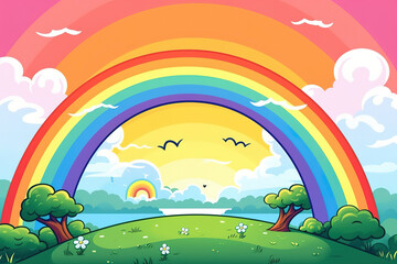 Cute colorful rainbow with a cloud cartoon illustration. Generated AI
