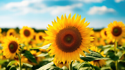 Obraz premium Field of sunflowers with a blue sky. Beautiful summer landscape. Generative AI