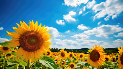 Fototapeta premium Field of sunflowers with a blue sky. Beautiful summer landscape. Generative AI