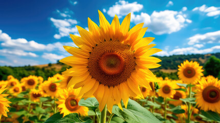 Fototapeta premium Field of sunflowers with a blue sky. Beautiful summer landscape. Generative AI