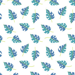 Monstera Leaf Tropical Seamless Pattern in Green and Blue Colors.