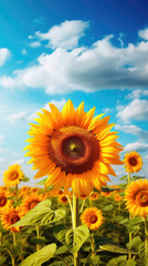 Obraz premium Field of sunflowers with a blue sky. Beautiful summer landscape. Generative AI