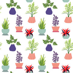 Seamless pattern with plants and pots. Design for print, poster, banner, design for fabric and textile