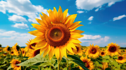Obraz premium Field of sunflowers with a blue sky. Beautiful summer landscape. Generative AI