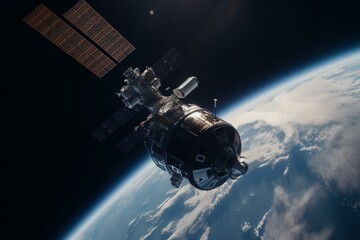 Obraz na płótnie Canvas Satellites transport cargo to space stations and equipment to satellites over Earth in 3D using elements from NASA. Generative AI