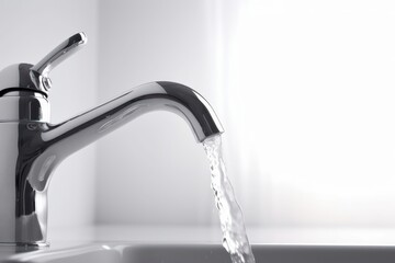 Water pouring from the tap into the sink, the concept of saving water. High key, minimalism