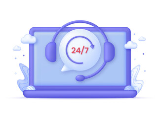 3D Call center illustartion on Computer. Support service icon, customer consultation hotline, call center help.
