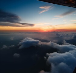 Aerial sunset view over the Blue Ridge Mountains from the cockpit of a private aircraft. Sky with clouds. Sky background   ,Generative AI