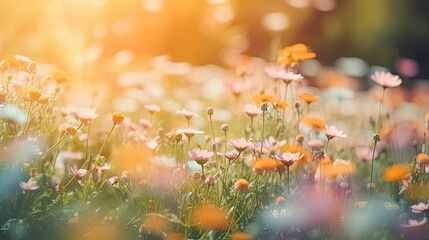 Beautiful daisies in the meadow at sunset. Vintage toning