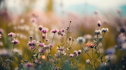 Wildflowers in the meadow at sunset - retro vintage effect.