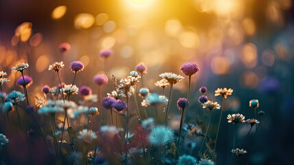 Beautiful wildflowers in meadow at sunset. Nature background