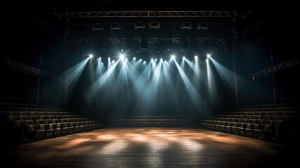 Empty stage with spotlights, smoke and lighting effect. Stage lights background.