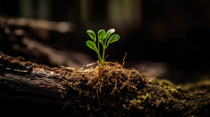 Green seedling growing on old tree trunk with moss and selective focus