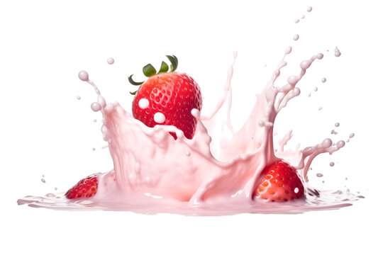 Fresh strawberry flying in pink yogurt splash isolated on white. Generative AI