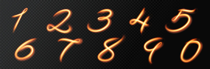 Glowing light numbers. Lighting painting effect trails, golden glitter glow waves and sparkling flare tails. Abstract vector fire light with flash sparkles effect on transparent background