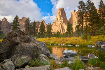Natural rock formation view with the river during sunset in Smith Rock State Park in eastern Oregon.