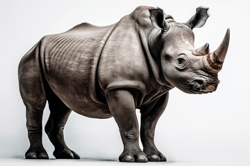 Fototapeta na wymiar adult rhino standing on white background posing for camera, full body