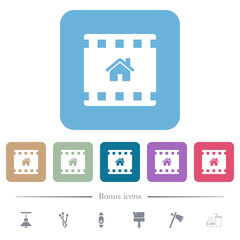 Home movie flat icons on color rounded square backgrounds