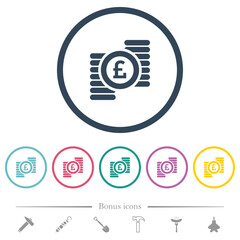 Pound coins flat color icons in round outlines